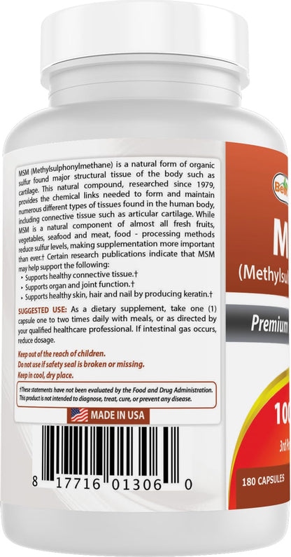 Best Naturals MSM 1000mg dietary supplement displayed on a clean wellness-themed backdrop.