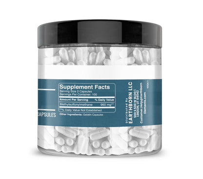 Earthborn Elements Methylsulfonylmethane supplement packaging detailing pure ingredients list and directions