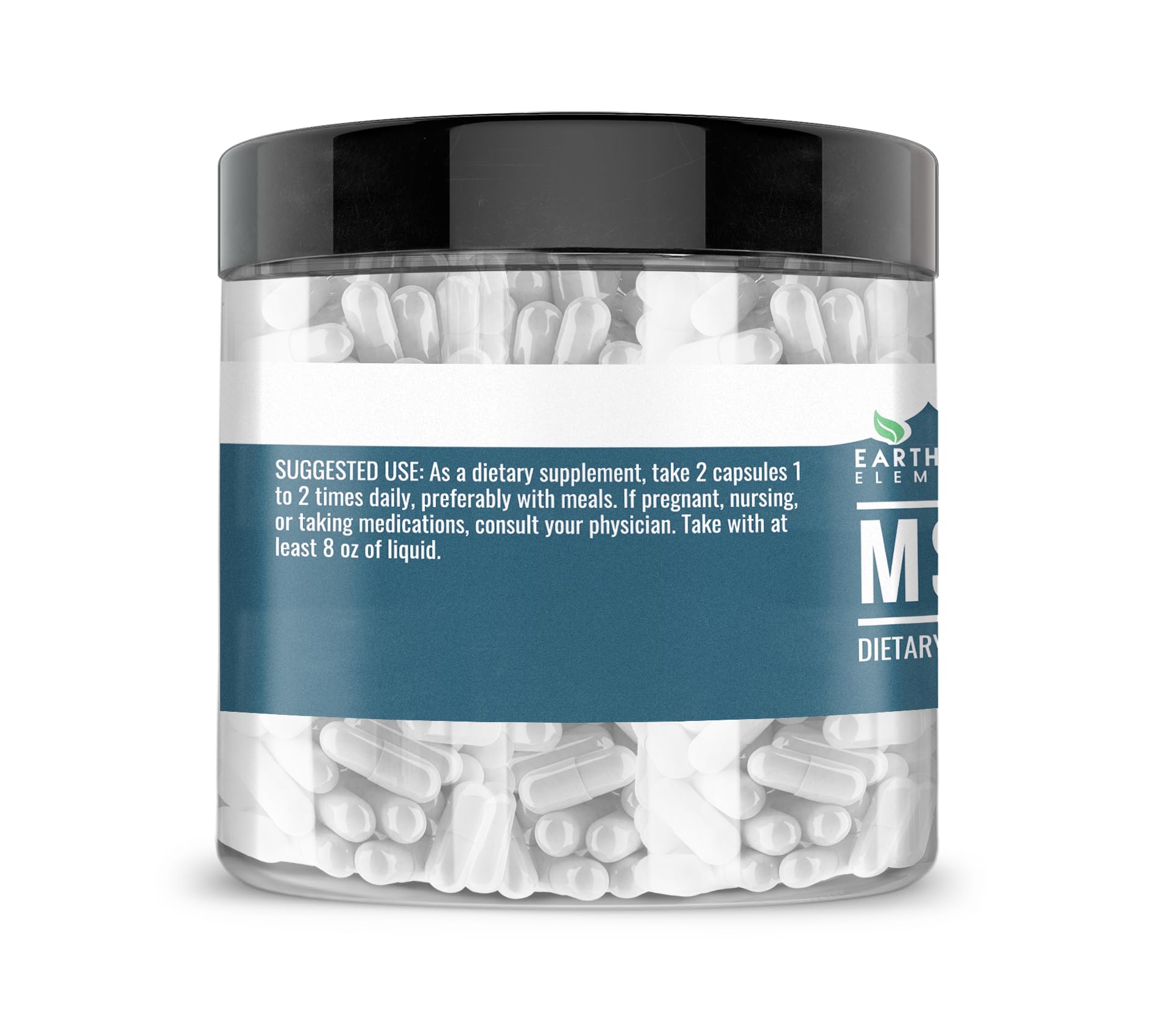 Side angle of Earthborn Elements MSM 1000mg bottle indicating premium organic sulfur content