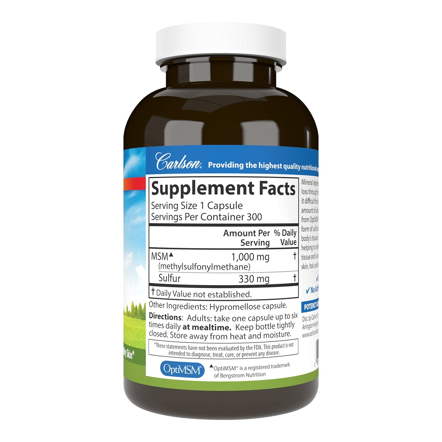 Carlson Labs methylsulfonylmethane 1000 mg supplement label showing 330 mg elemental sulfur