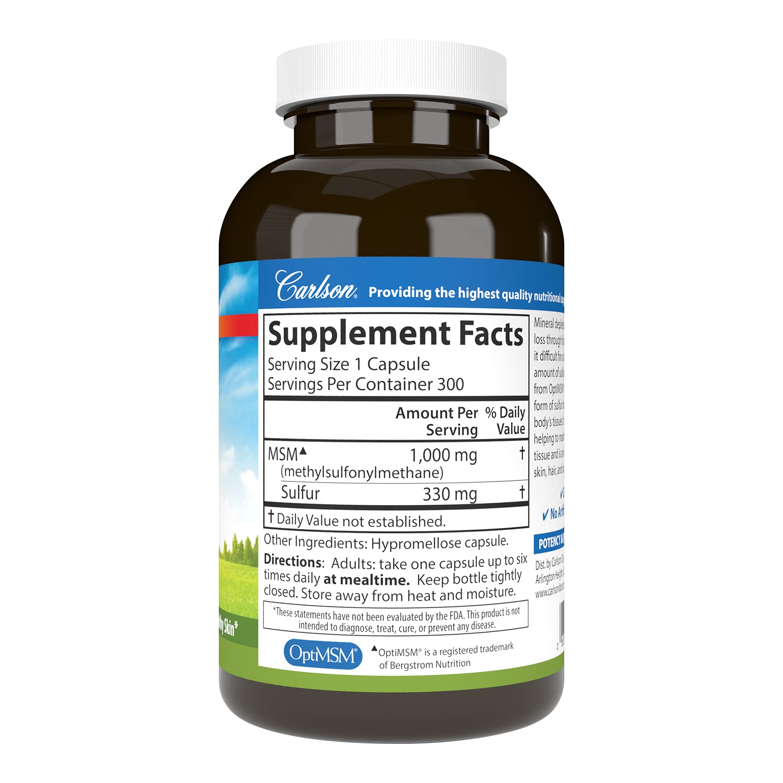 Carlson Labs methylsulfonylmethane 1000 mg supplement label showing 330 mg elemental sulfur