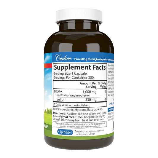 Carlson Labs methylsulfonylmethane 1000 mg supplement label showing 330 mg elemental sulfur