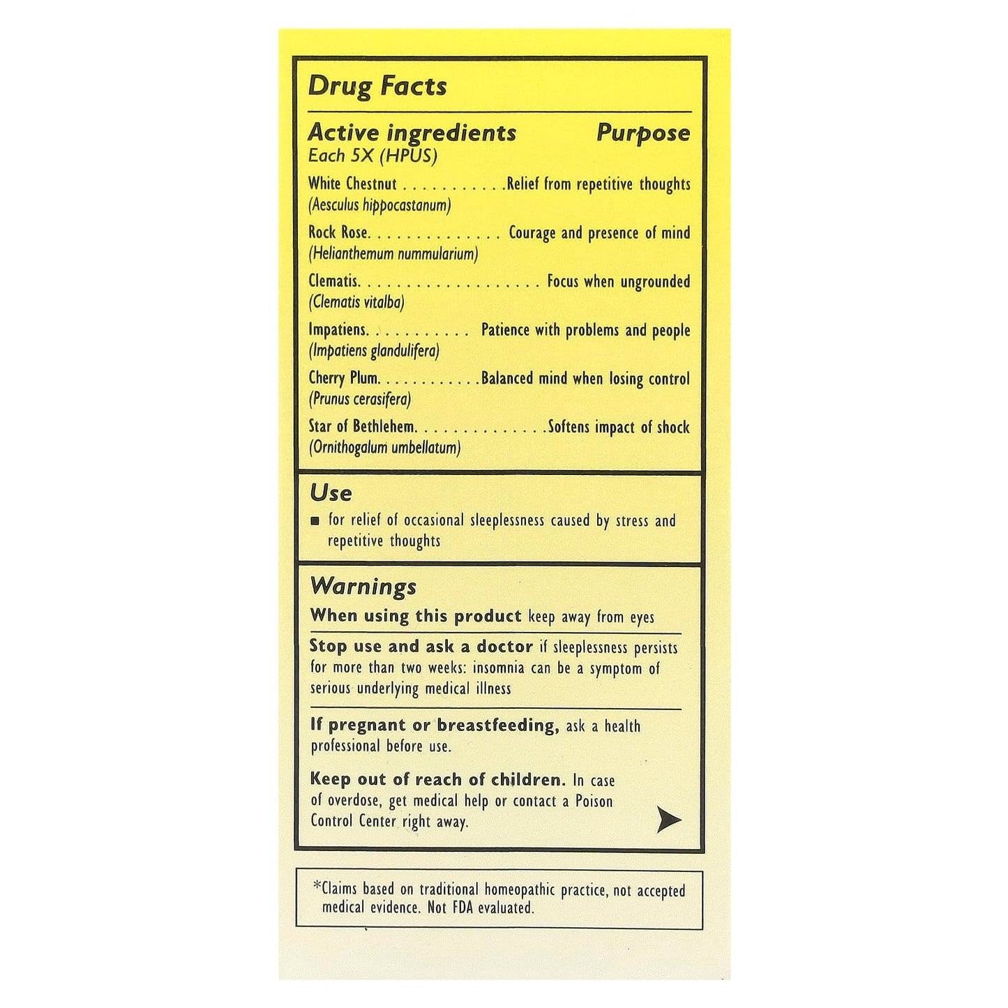Melatonin free Bach RESCUE SLEEP spray back label showing ingredient directions