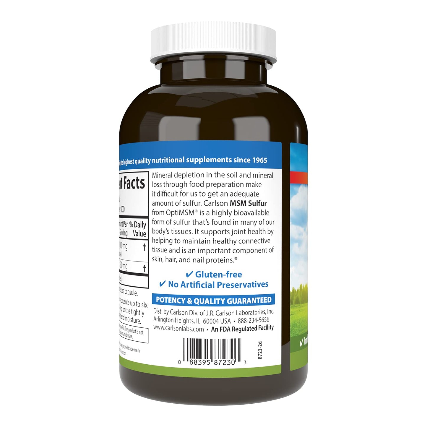 Side view of Carlson imported MSM sulfur joint and connective tissue vegetarian capsules