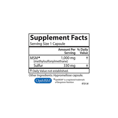 Supplement facts and clean ingredients listing on Carlson MSM 1000 mg bottle