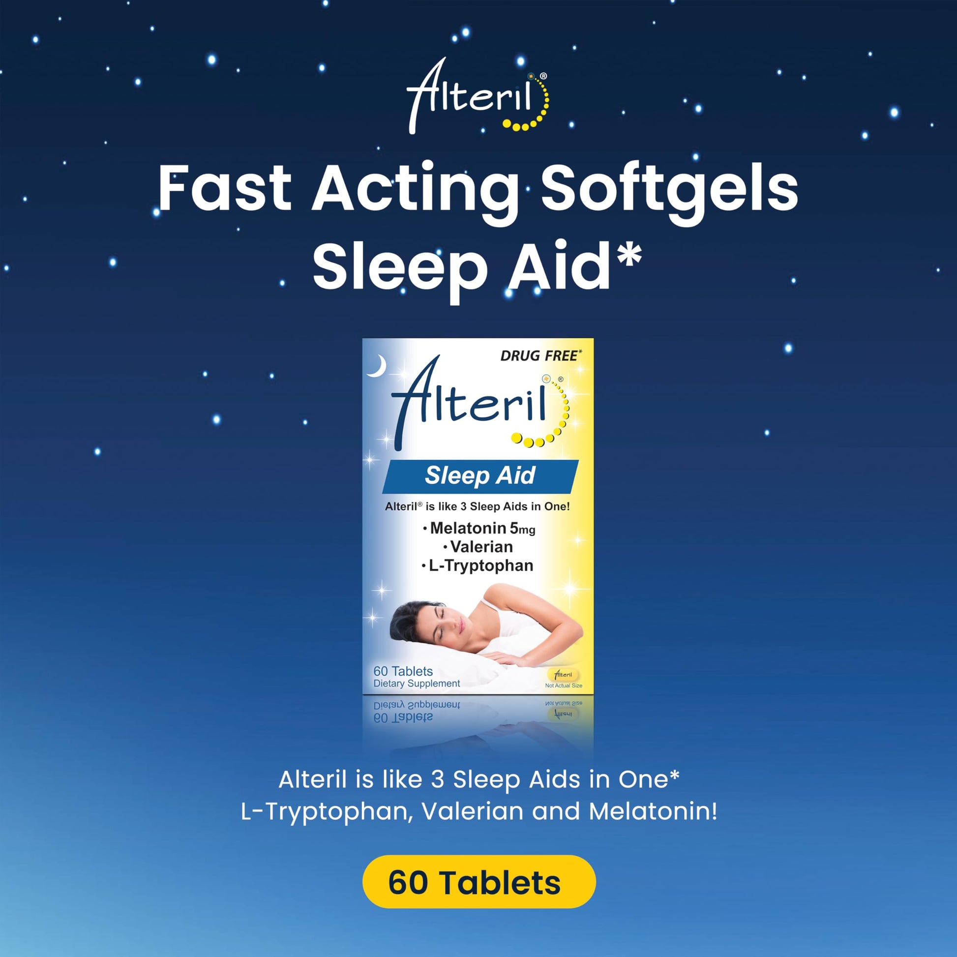 Side panel of Alteril 60 count dietary supplement highlighting drug free formula facts.