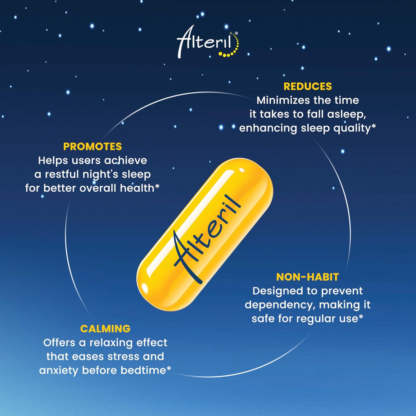 Close up view of Alteril melatonin and valerian root herbal tablets.