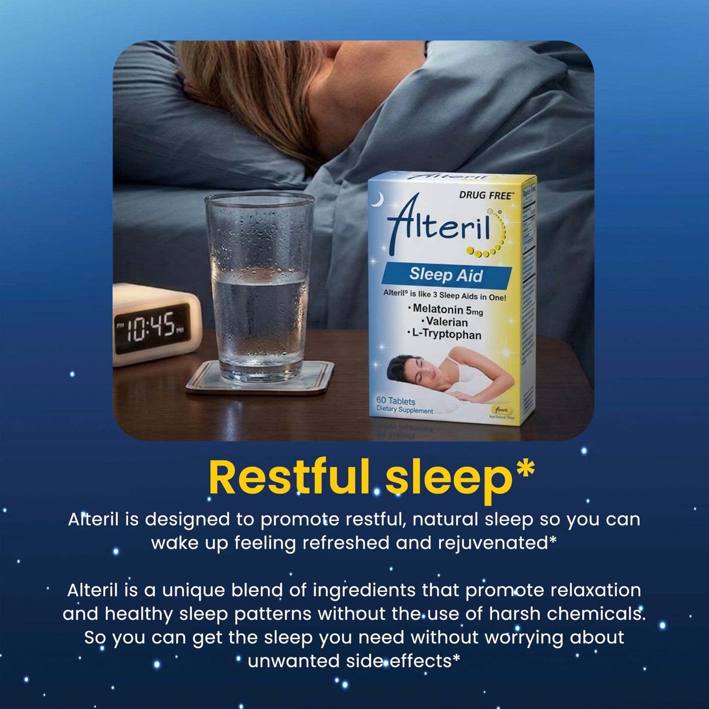 Back label of Alteril all natural sleep helper with full ingredient concentrations.