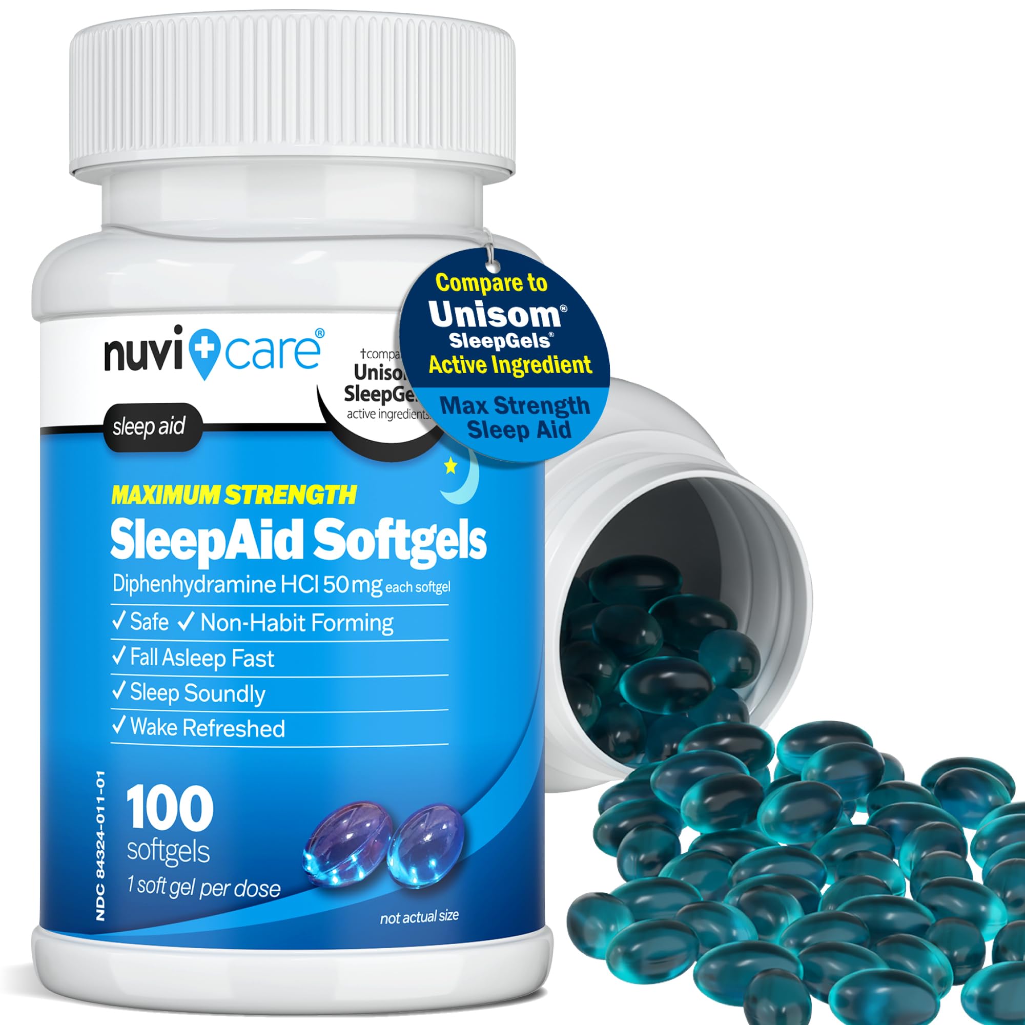 NUVICARE nighttime sleep aid 50mg capsule packaging highlighting non habit forming benefits