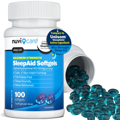 NUVICARE nighttime sleep aid 50mg capsule packaging highlighting non habit forming benefits