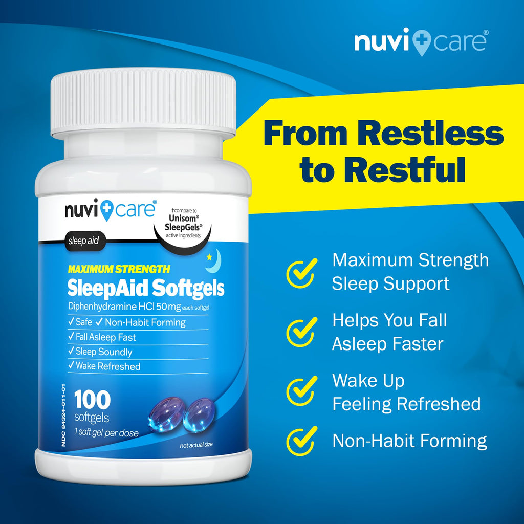 Back label of NUVICARE sleep aid softgels with detailed drug facts and diphenhydramine ingredients