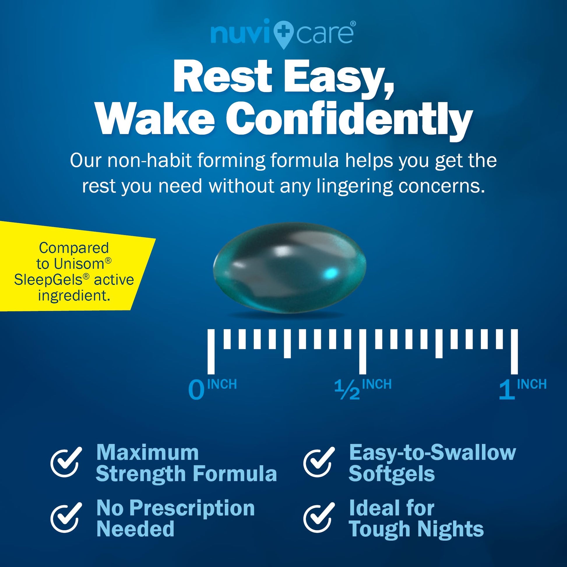 Side view of NUVICARE sleep support container displaying clear dosage instructions for adults