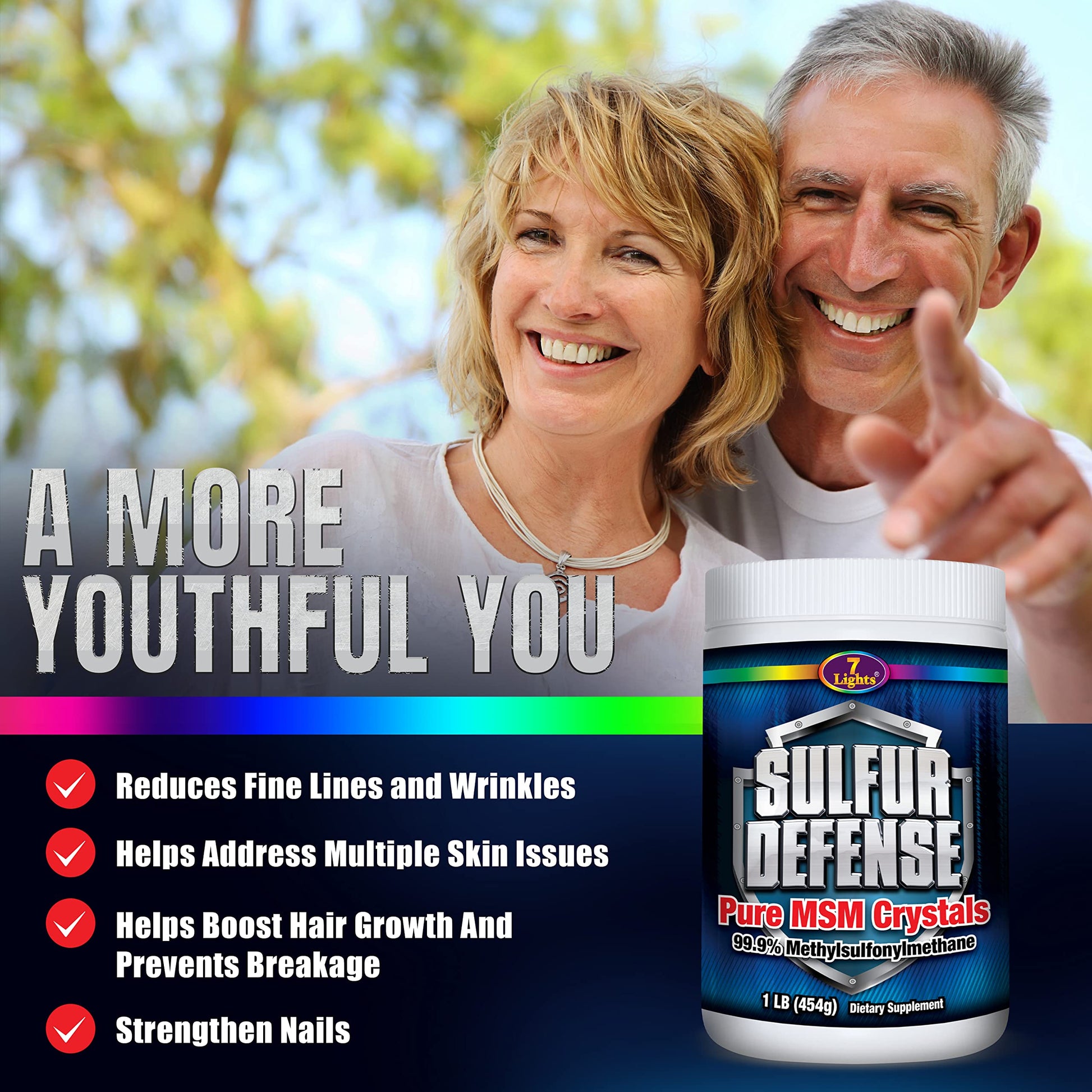 7 Lights Sulfur Defense OptiMSM Pure MSM Powder authentic imported supplement container back layout