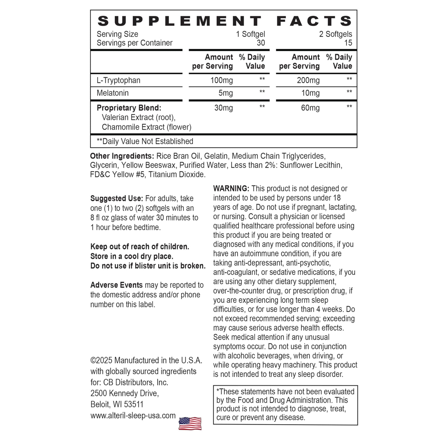 Alteril sleep aid dietary supplement bottle showing ingredient facts label