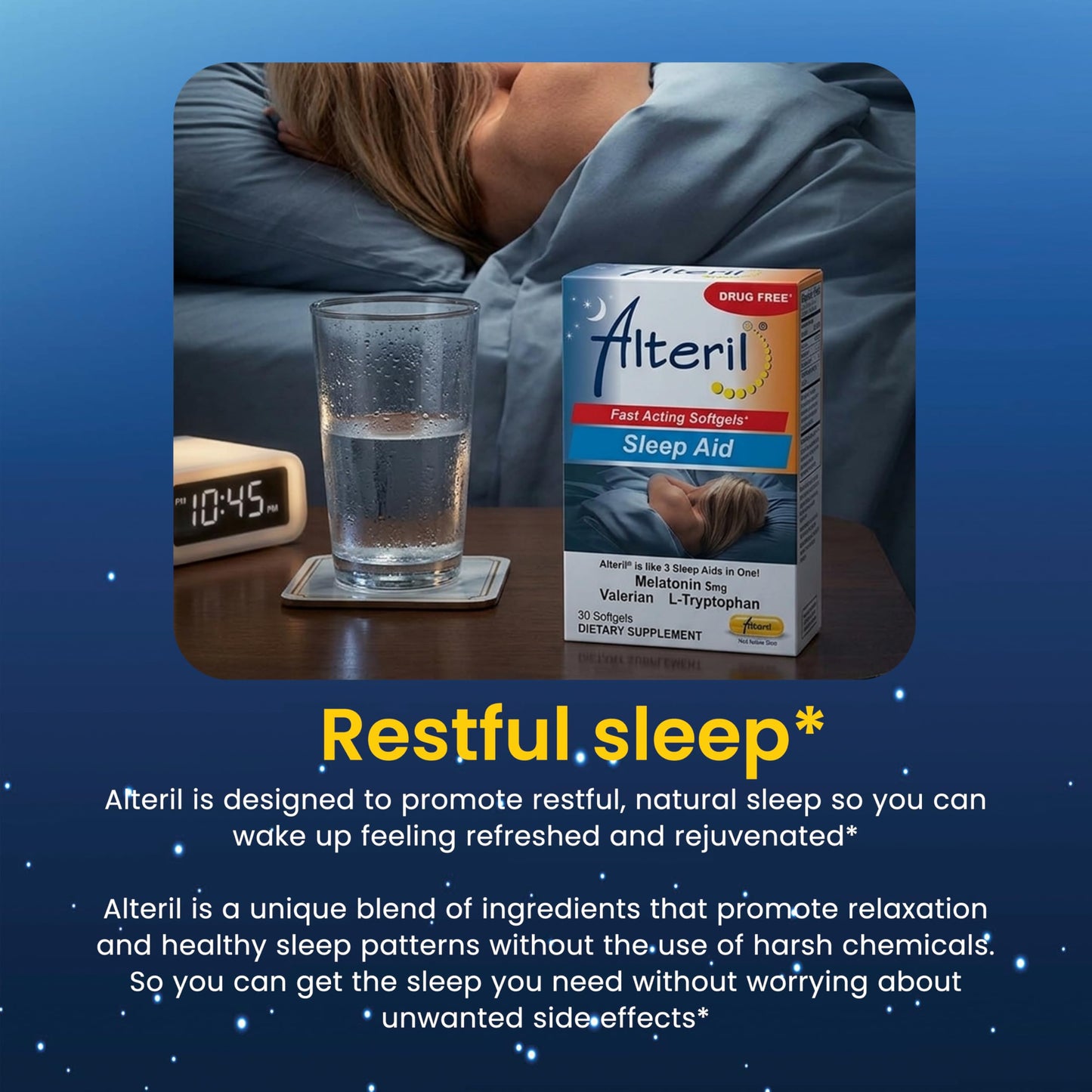 Alteril drug free non habit forming sleep aid capsule close up view