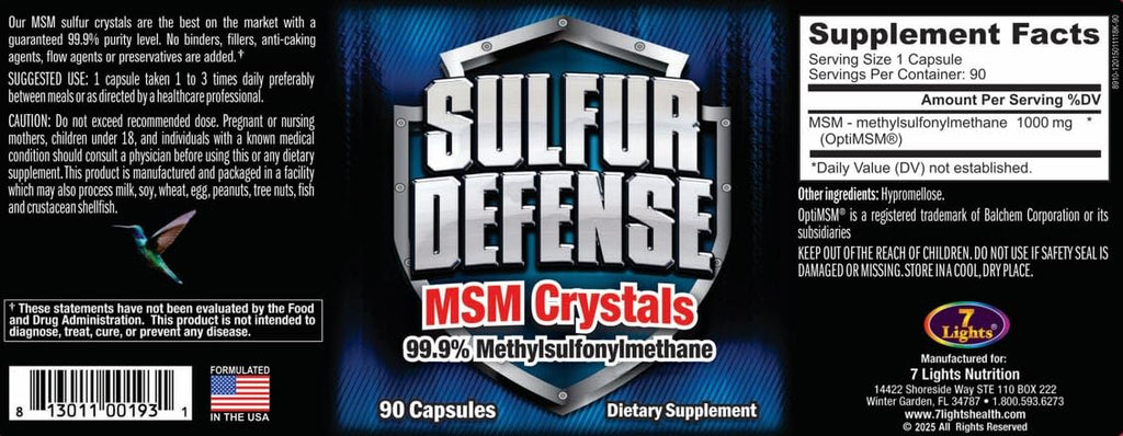 7 Lights Sulfur Defense dietary supplement back label ingredients