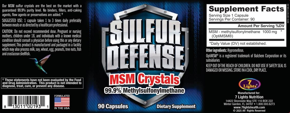 7 Lights Sulfur Defense dietary supplement back label ingredients