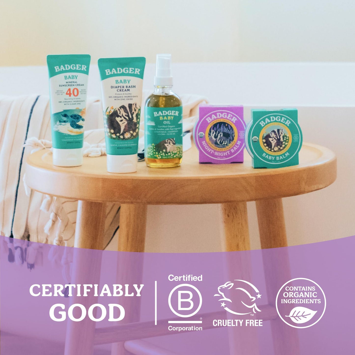 Cruelty free and Leaping Bunny certification logos visible on the authentic Badger packaging