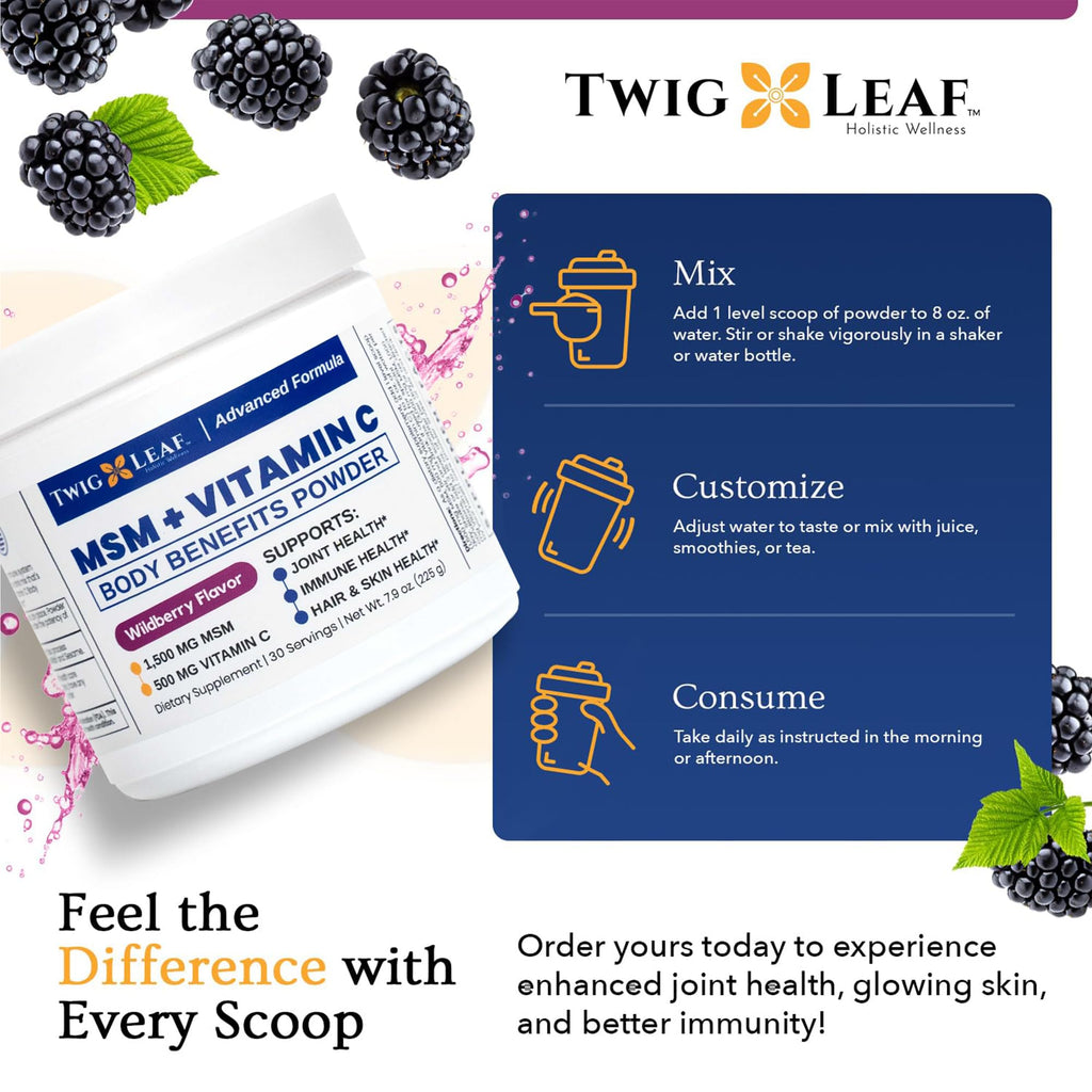 Twig & Leaf MSM supplement net weight and dimensions display