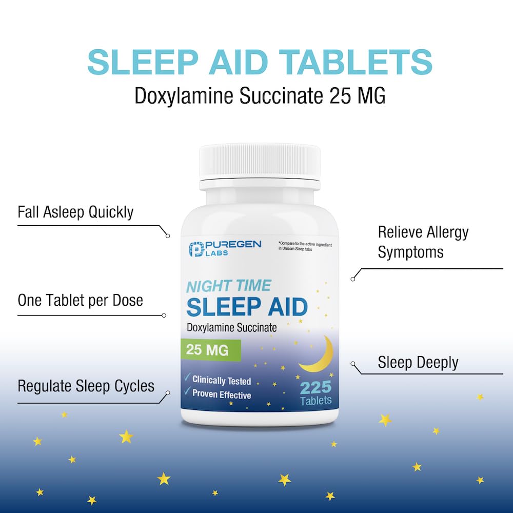 The 225 count bulk bottle of Puregen Labs 25mg somnifacient tablets highlighting the secure tamper evident cap closure.