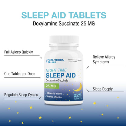 The 225 count bulk bottle of Puregen Labs 25mg somnifacient tablets highlighting the secure tamper evident cap closure.