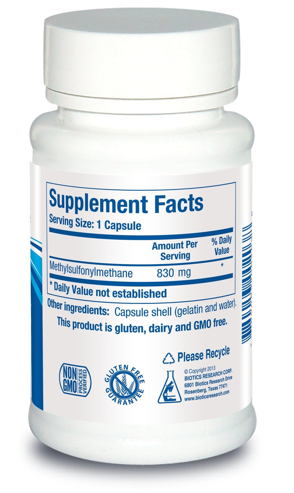 Biotics Research MSM supplement facts label close up