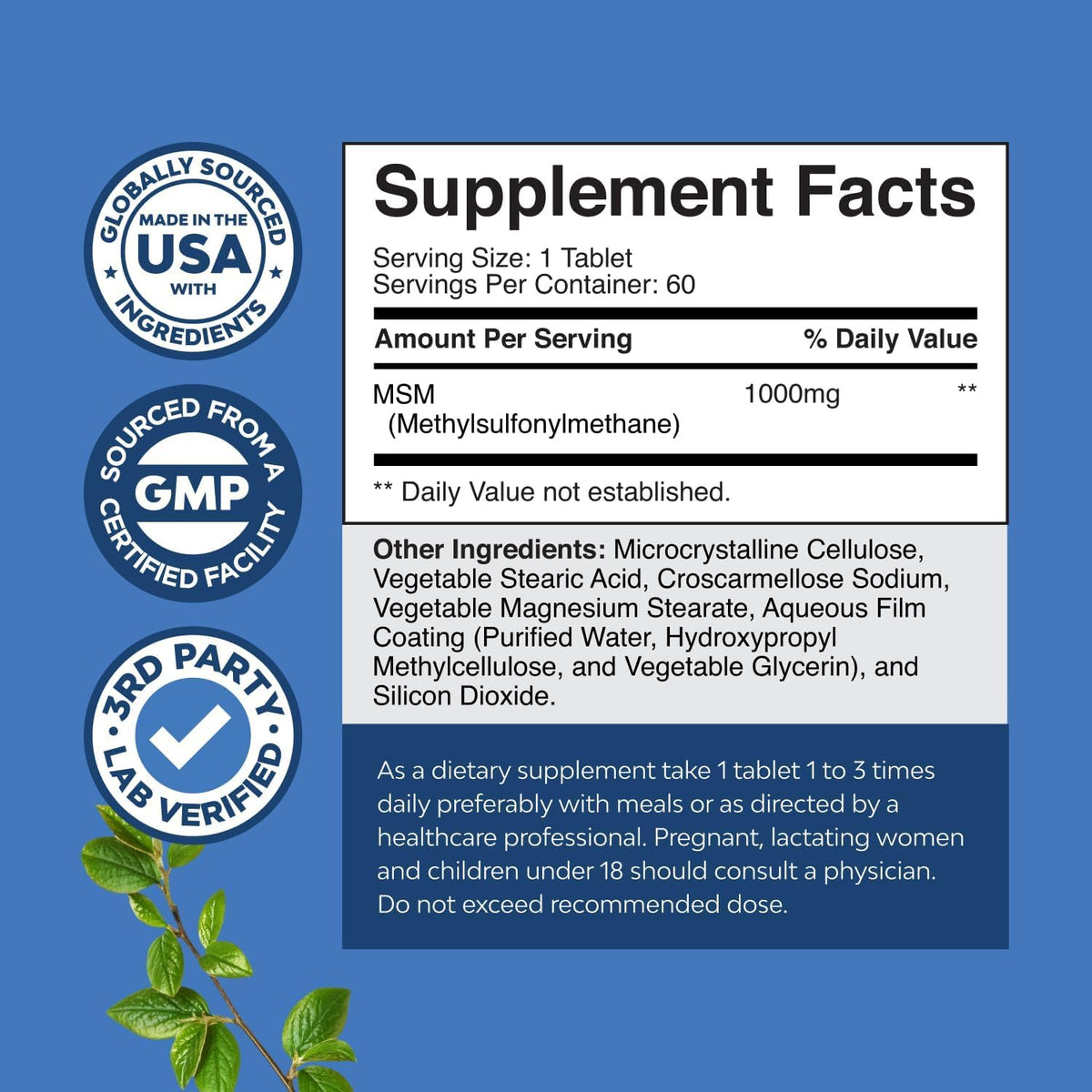Natures Craft maximum strength msm 1000 milligrams bottle side view