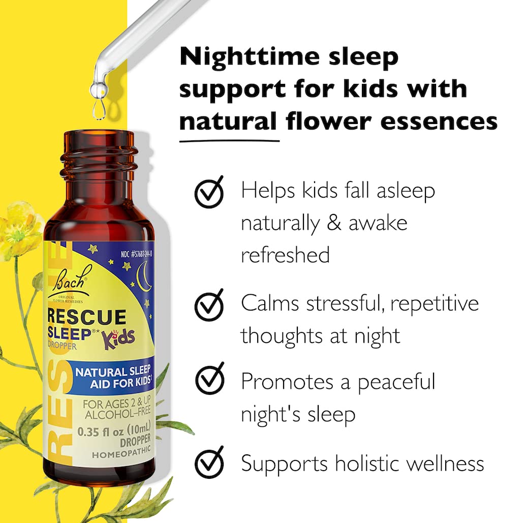 Rescue Sleep Kids homeopathic liquid dropper bottle packaging detailing alcohol free formula ingredients