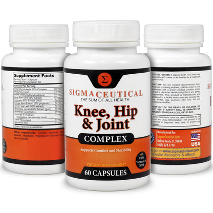 Sigmaceutical knee and hip support supplement capsules alongside the authentic imported packaging