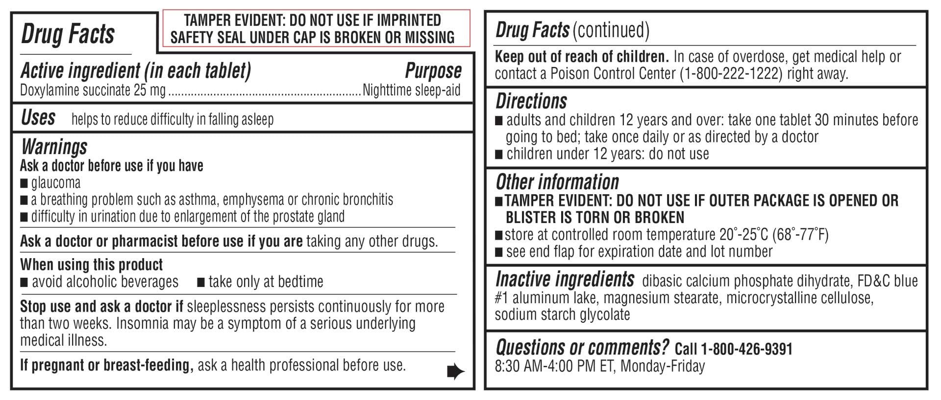 Kirkland Signature Doxylamine Succinate 25 Milligrams supplement facts label view