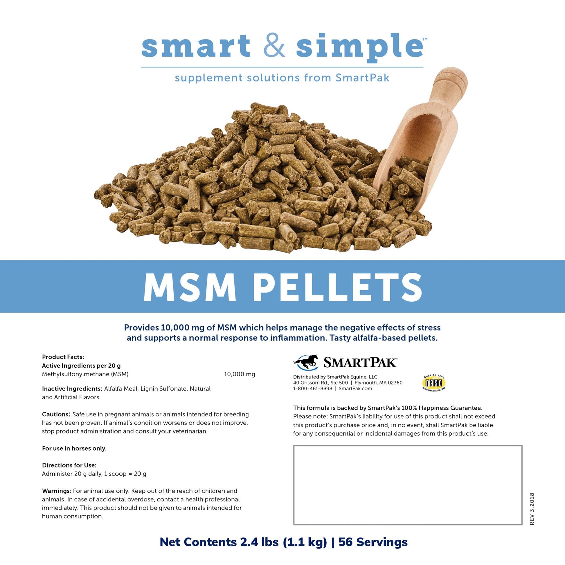Side view of SmartEquine 2.4 pound horse supplement bucket detailing the ingredient list.