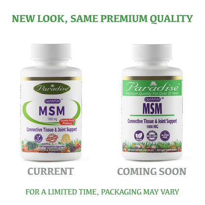 Authentic Paradise Herbs Methylsulfonylmethane dietary supplement packaging showing supplement facts and clean ingredient labels.