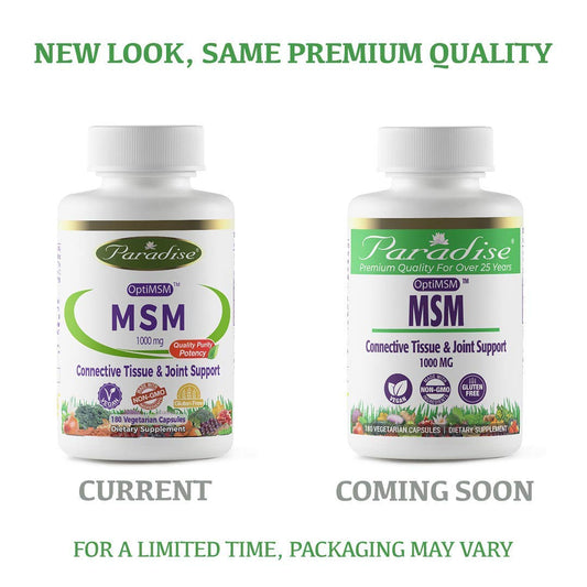 Authentic Paradise Herbs Methylsulfonylmethane dietary supplement packaging showing supplement facts and clean ingredient labels.