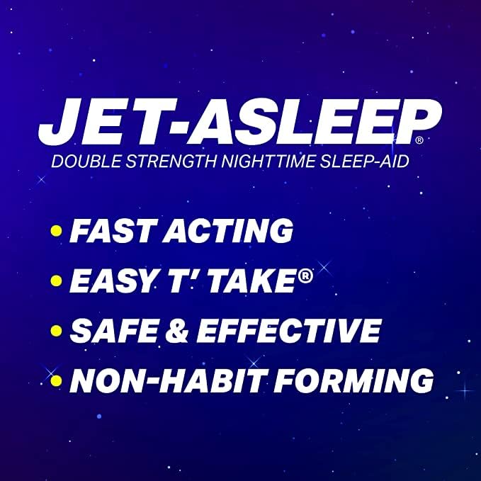 Side view of Jet-Asleep Double Strength 100 Count bottle displaying the official active ingredient list and drug facts table.