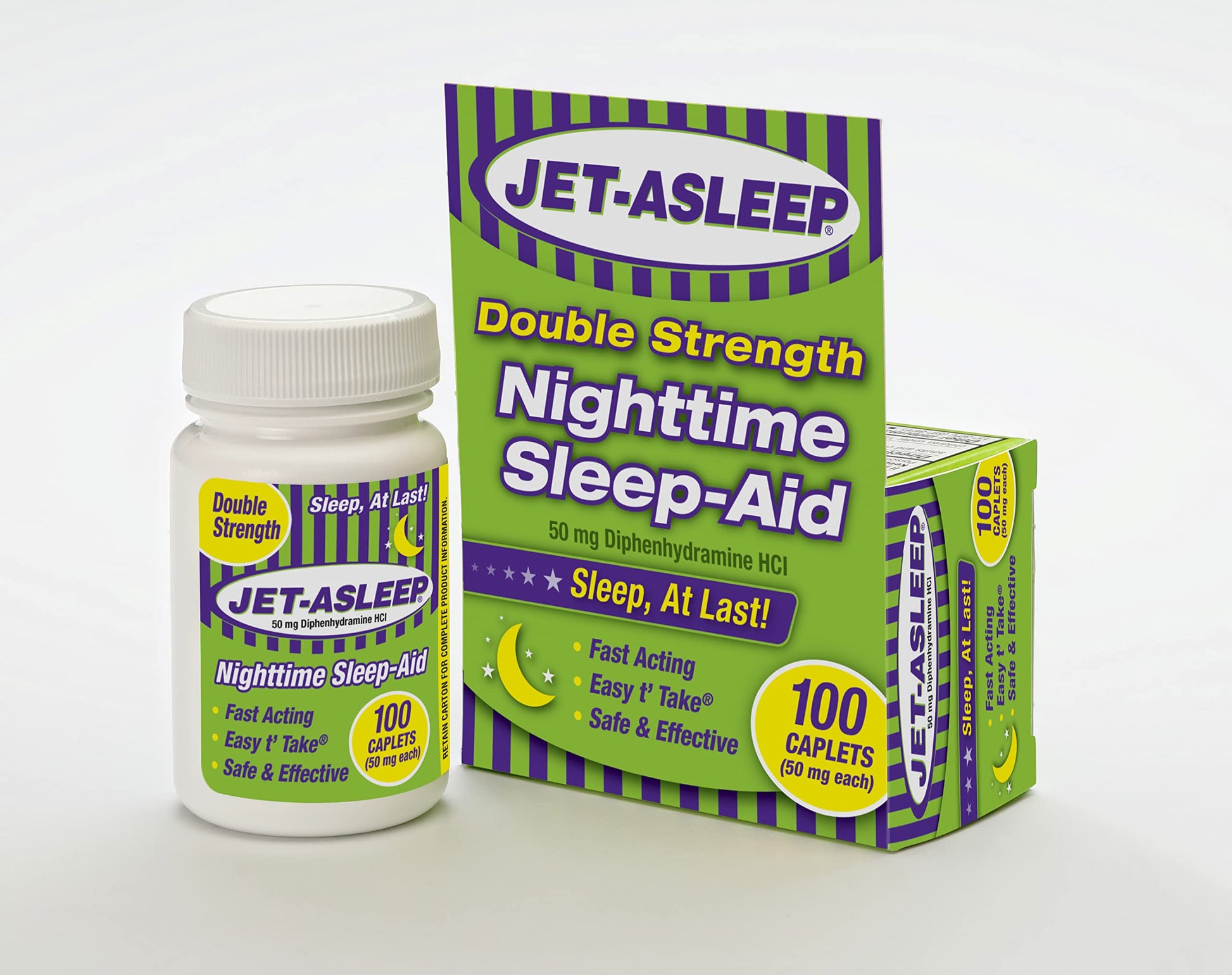 Back label of Bell Pharmaceuticals Jet-Asleep 100 Count sleep assistance mini caplets emphasizing the non-habit forming manufacturing standard.