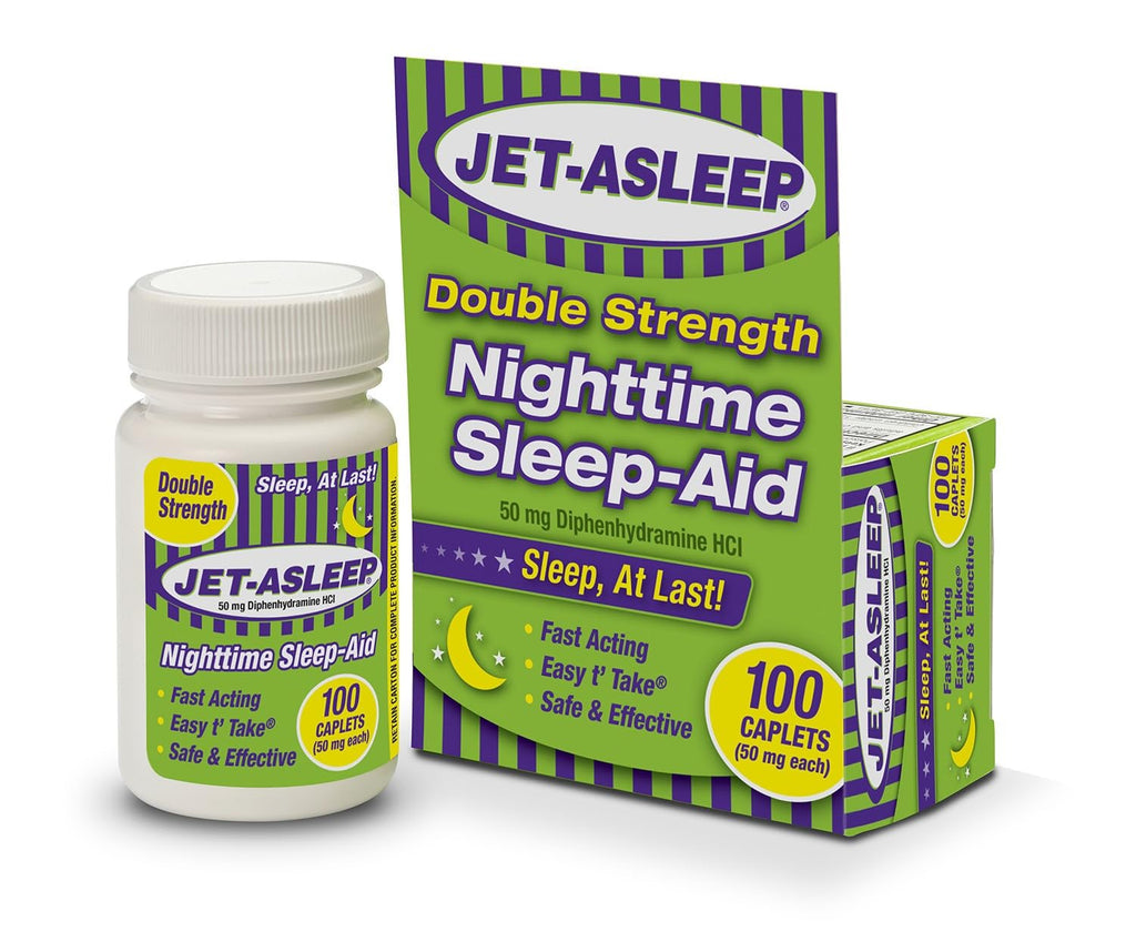 Authentic USA-imported Jet-Asleep Double Strength nighttime sleep aid container showing the barcode and manufactured in USA details.