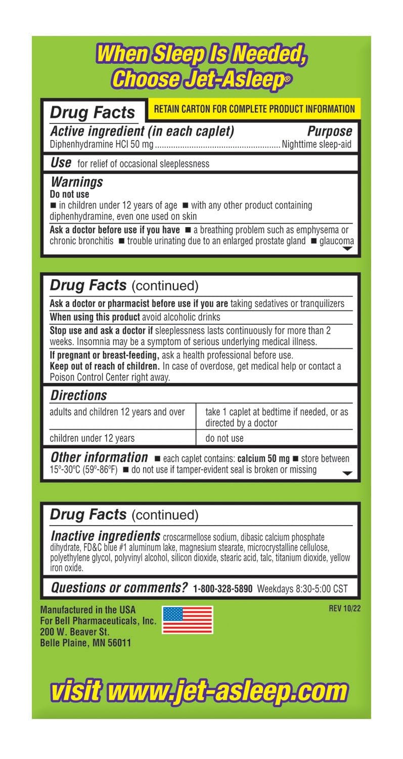 Clear high-resolution view of the warning labels on Jet-Asleep Double Strength 50mg sleep supplements regarding age restrictions.