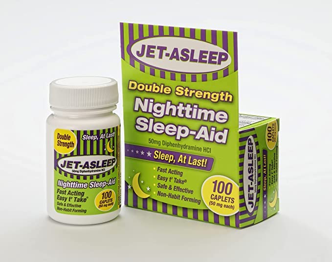 Full packaging display of Bell Pharmaceuticals Jet Asleep Double Strength 100 Count for adult occasional sleeplessness support.