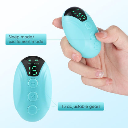 Neurocontrol electronic relaxation device alongside its USB charging cable and compact travel-ready packaging.