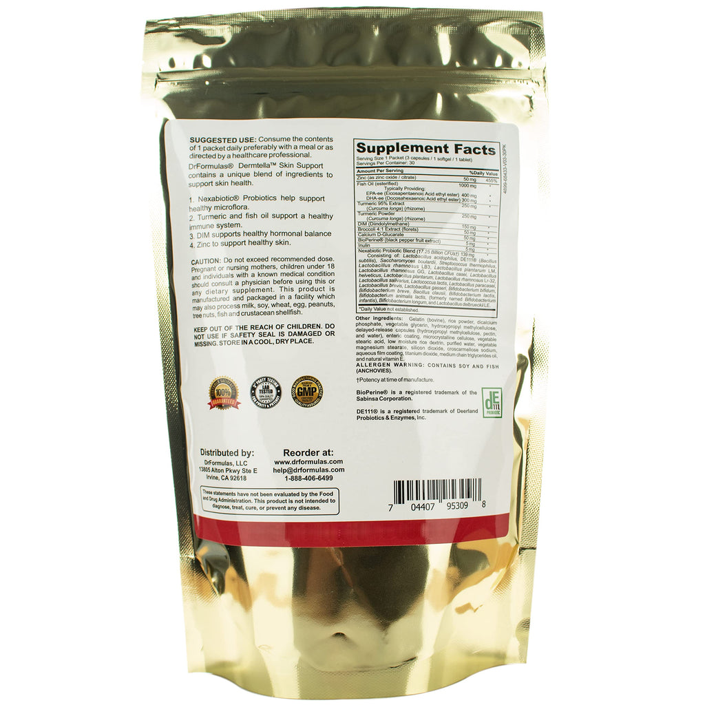 DrFormulas Dermtella Clear Skin Support daily packet ingredient highlights