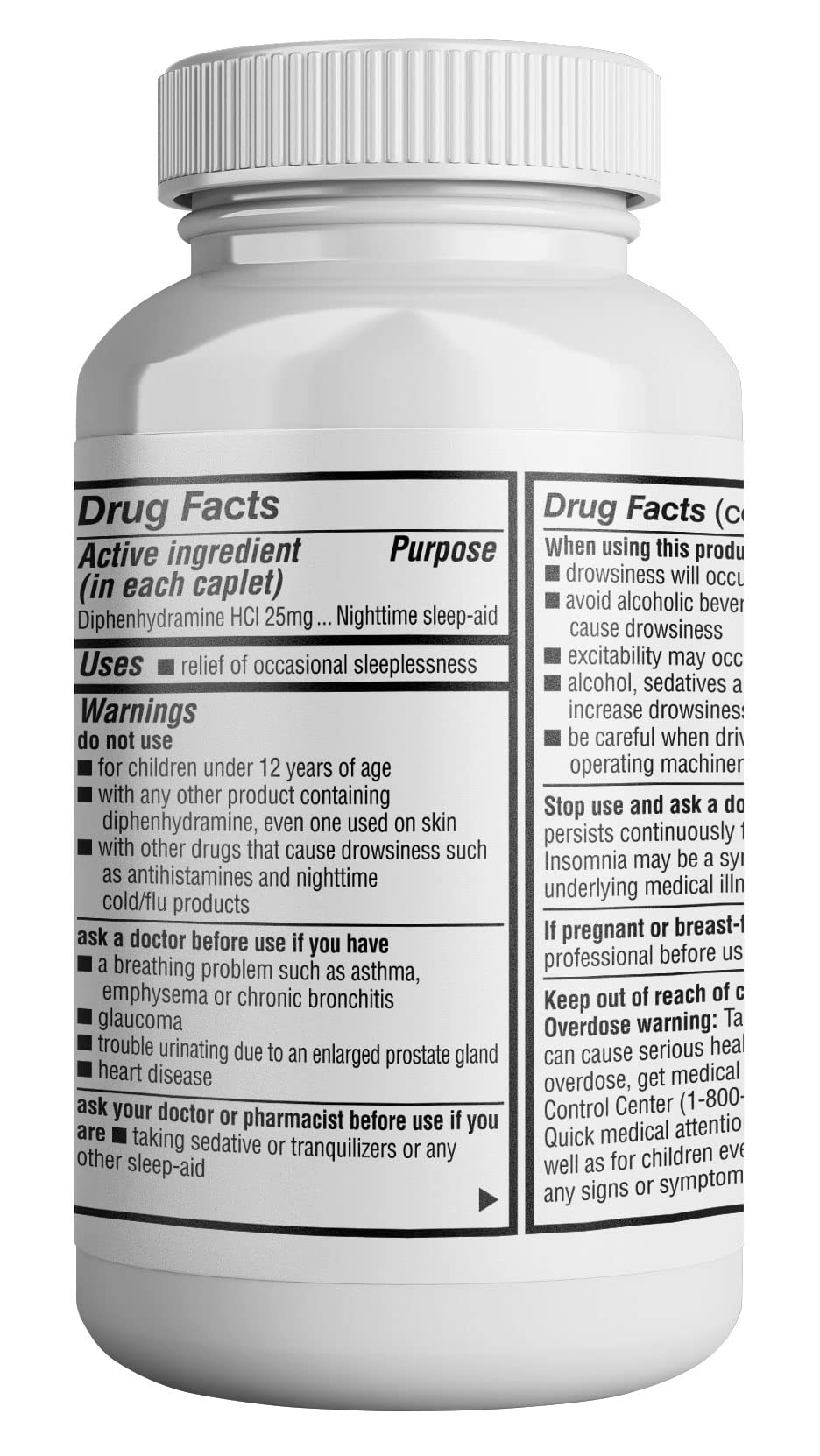 Side angle of HEALTH LFE diphenhydramine hydrochloride twenty-five milligram nighttime sleep support bottle showing drug facts label.