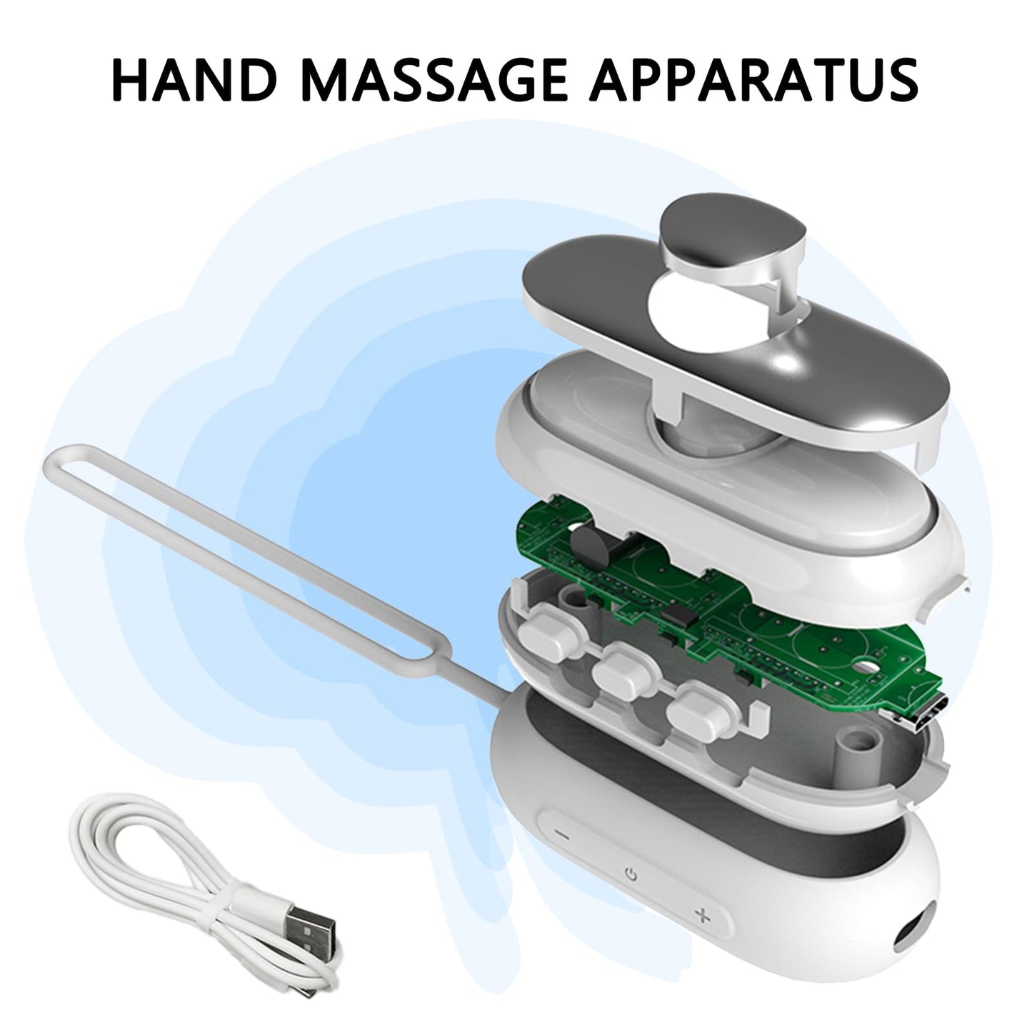 TALENTBABY Relaxation Device packaging contents demonstrating the silicone tool and included USB charging cable.