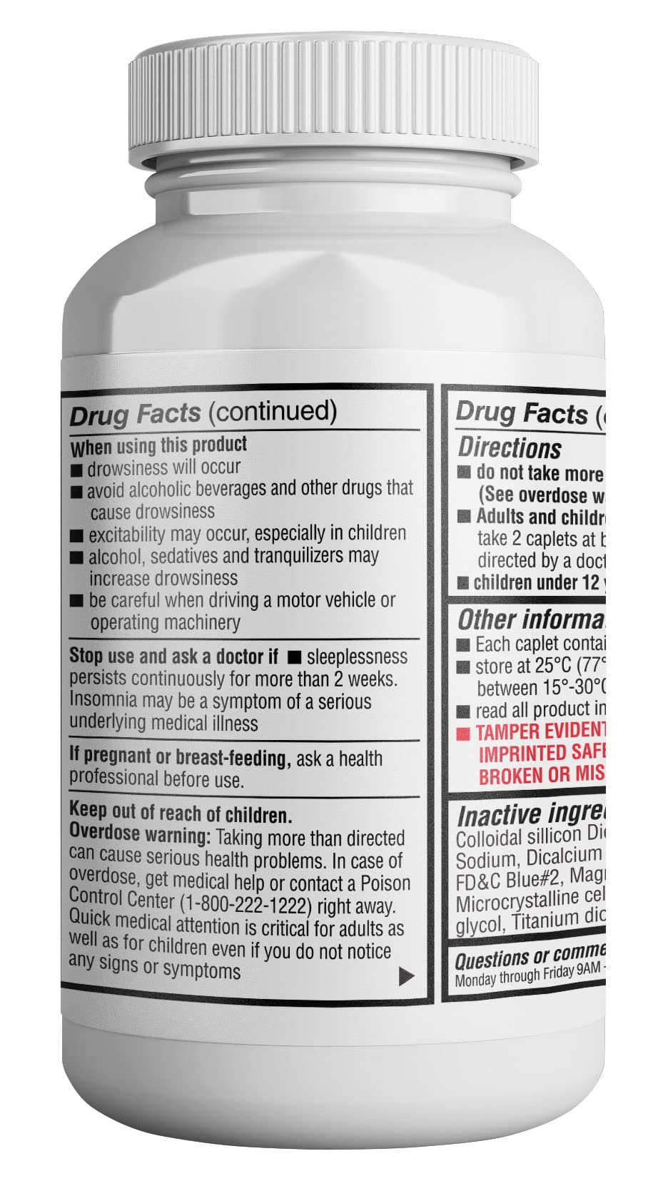 Close-up of the easy-to-swallow miniature blue sleep aid caplets placed next to the container.