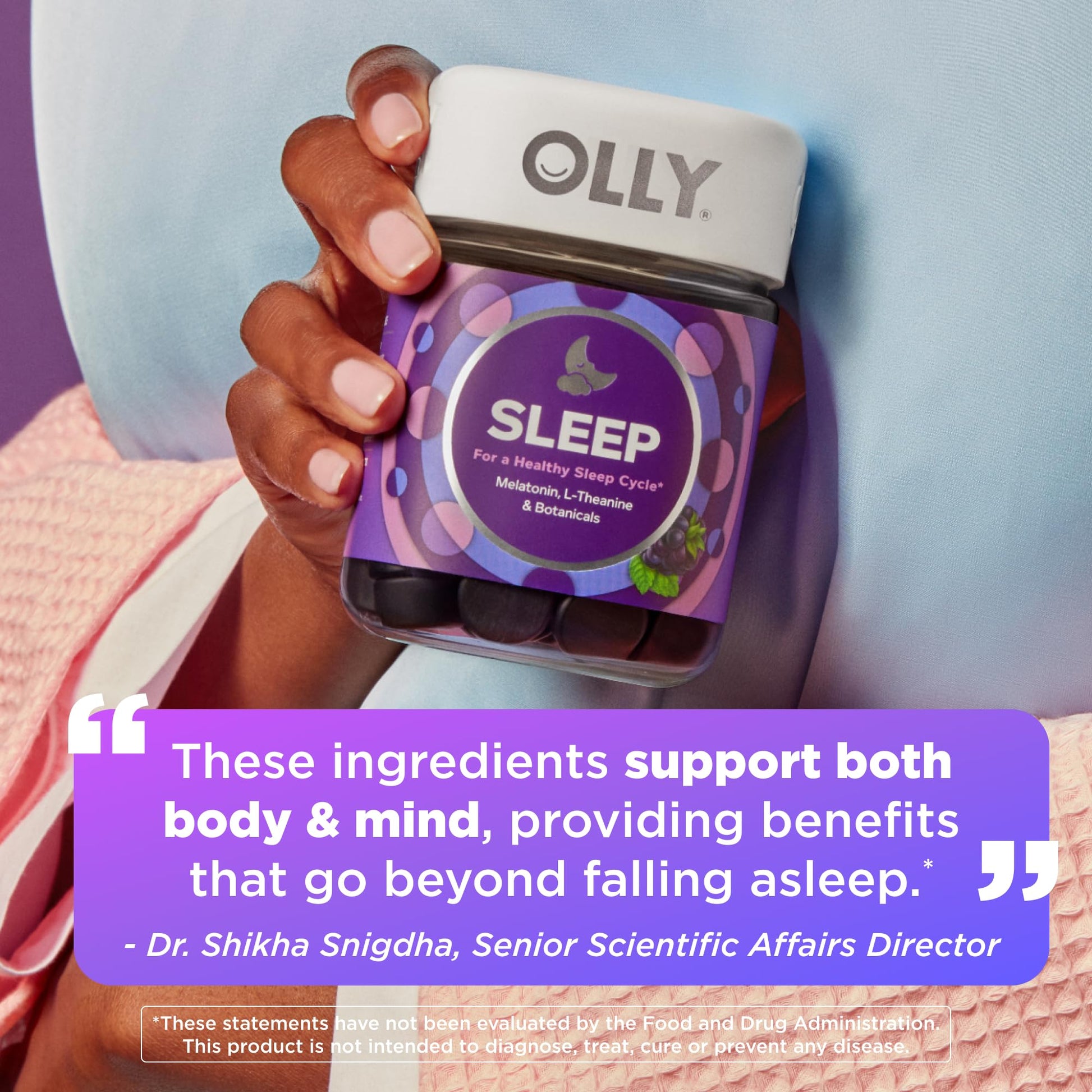 OLLY drug free non habit forming sleep support vitamins packaging