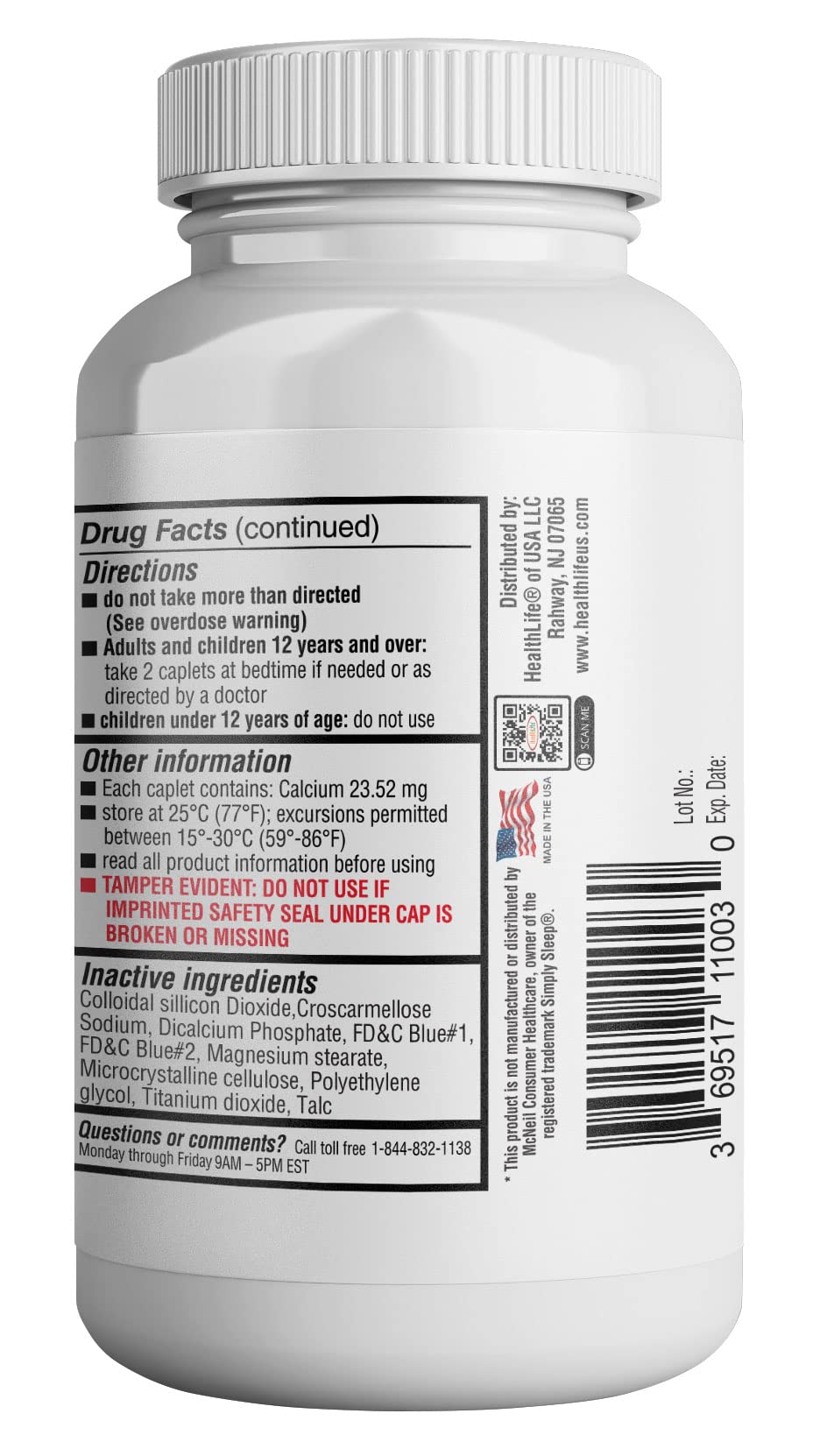 Back view of the product packaging displaying detailed instructions, warnings, and ingredients for the non-habit forming sleep pills.
