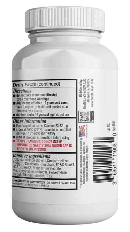 Back view of the product packaging displaying detailed instructions, warnings, and ingredients for the non-habit forming sleep pills.