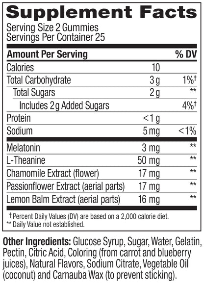 OLLY gluten free nighttime dietary supplement 50 count bottle back view