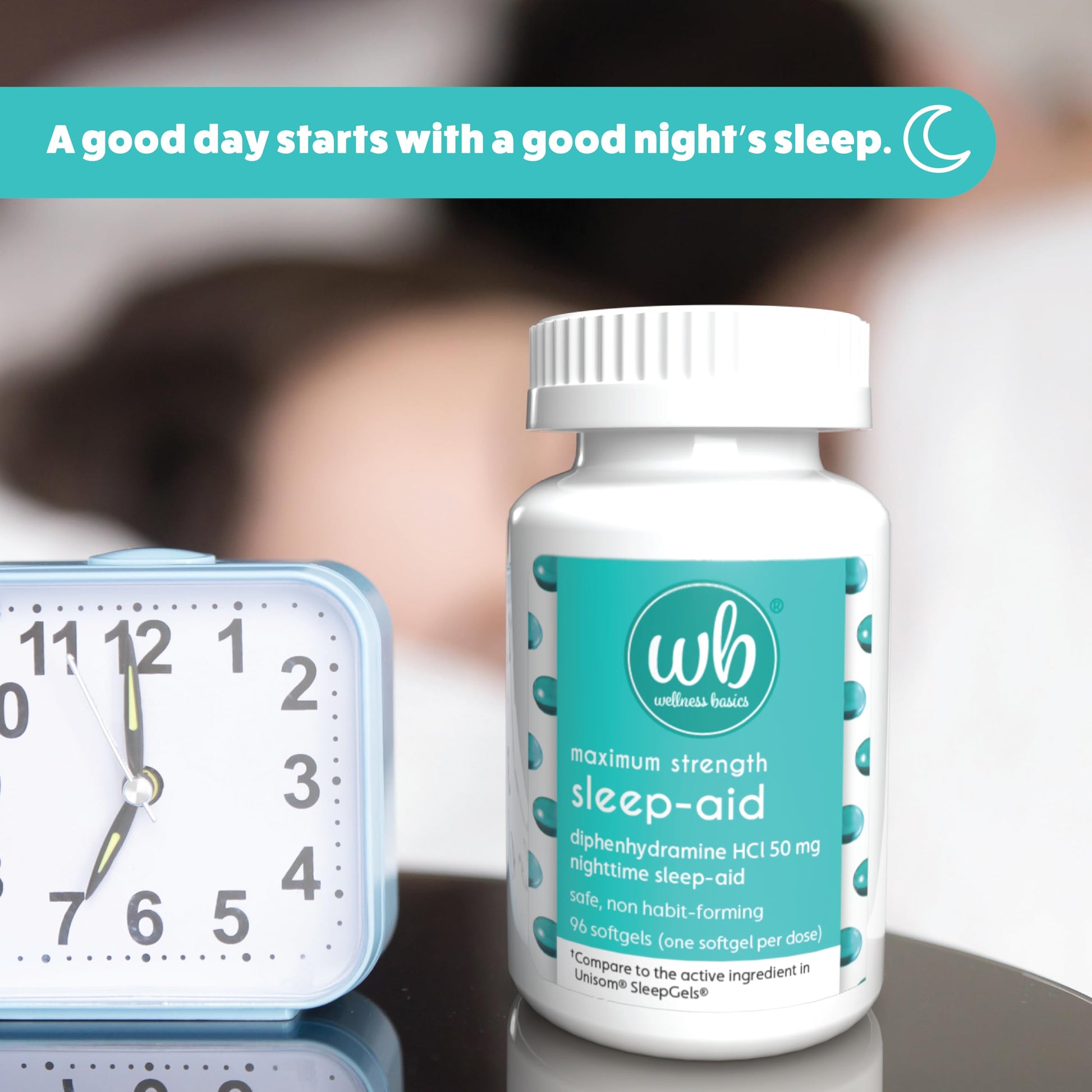 Wellness Basics diphenhydramine hydrochloride fifty milligrams nighttime sleep support bottle label side details