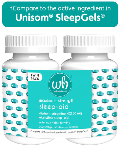 Wellness Basics imported sleep support softgels showing directions for use and adult dosage warnings