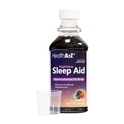 Side angle of HealthA2Z Diphenhydramine Hydrochloride 50mg liquid showing drug facts and dosage panel.